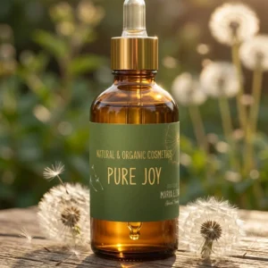 An amber glass cosmetic dropper bottle labeled Pure Joy sits on a rustic wooden surface surrounded by white dandelion seed heads. The background features a soft-focus garden setting with natural golden sunlight.